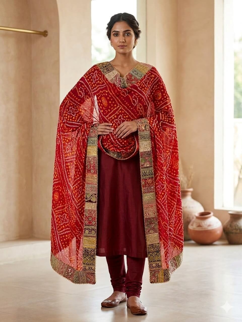 Chinon Dupatta- Red