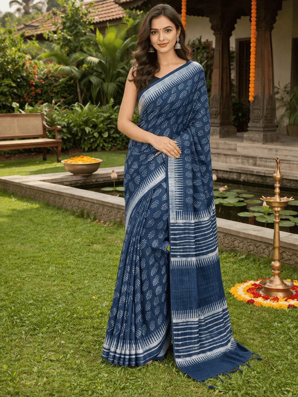 Indigo Cotton Linen Saree