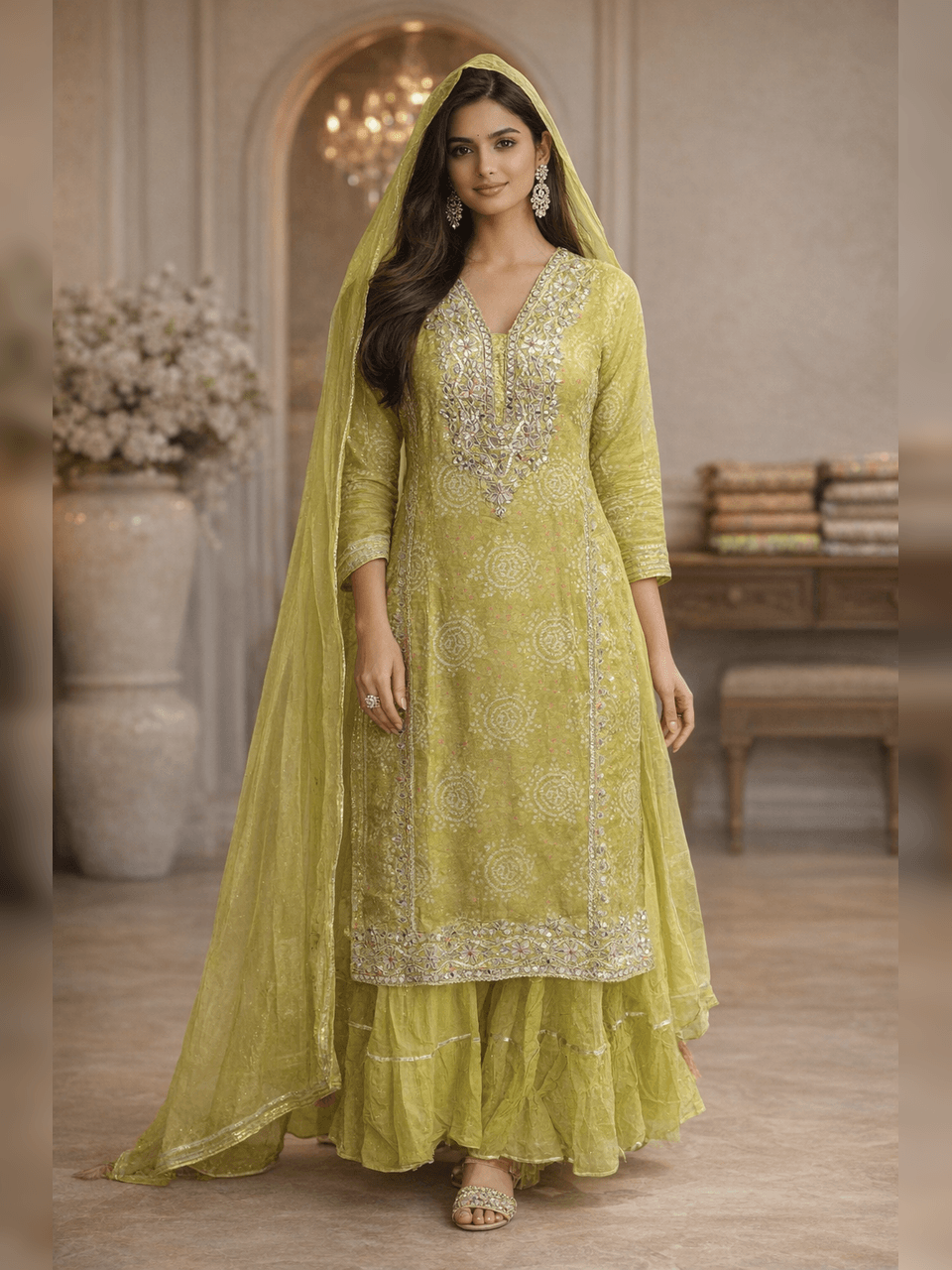 Muslin Bandhani Gown - Green