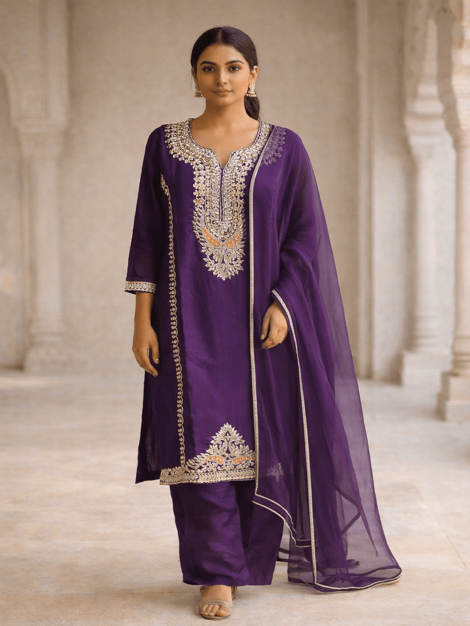 Dola Silk Kurta Set- Purple