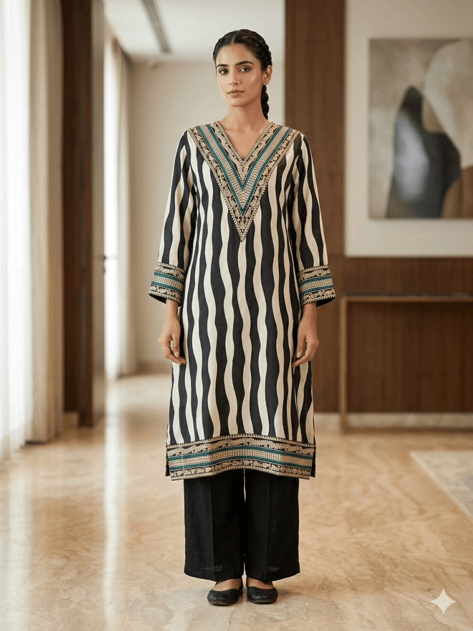 Stripe Kurta Set- Black