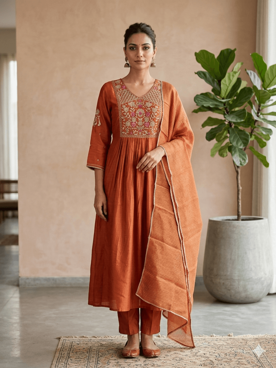 Silk Kurta Set- Rust Orange