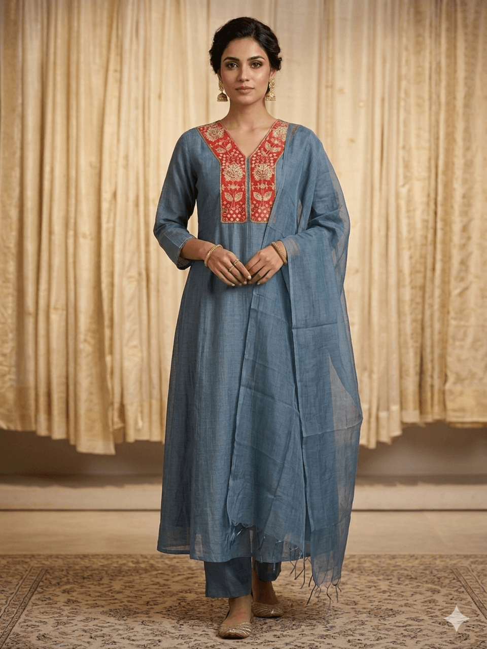 Mul Chanderi Kurta Set- Slate Blue