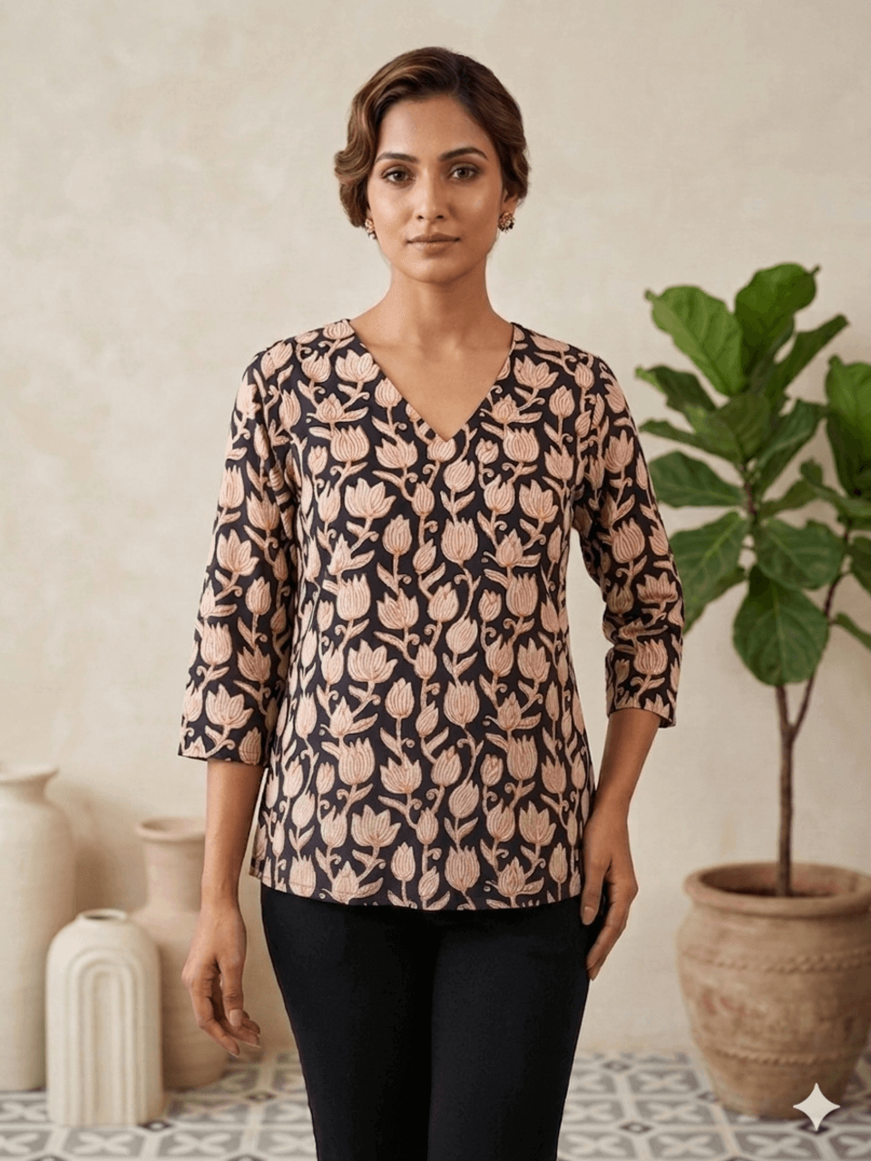 Muslin Lotus Print Top- Black