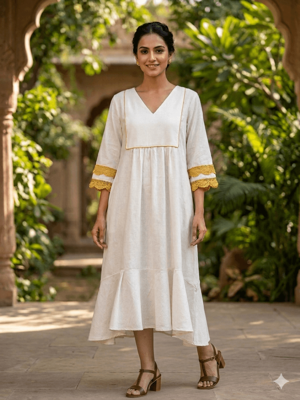 Cotton Flax Dress- Mustard Lace