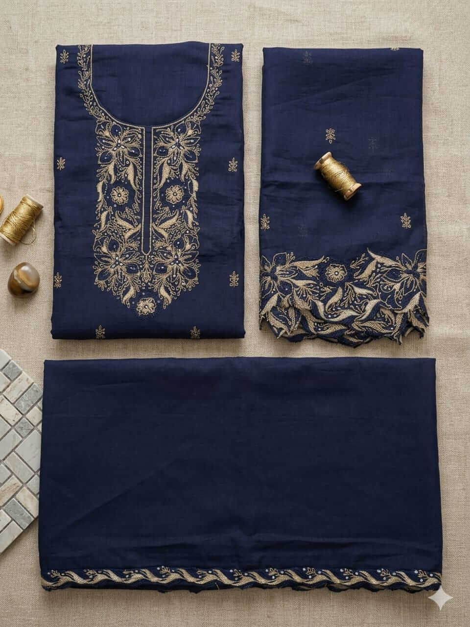 Mul Chanderi Dress Material - Blue