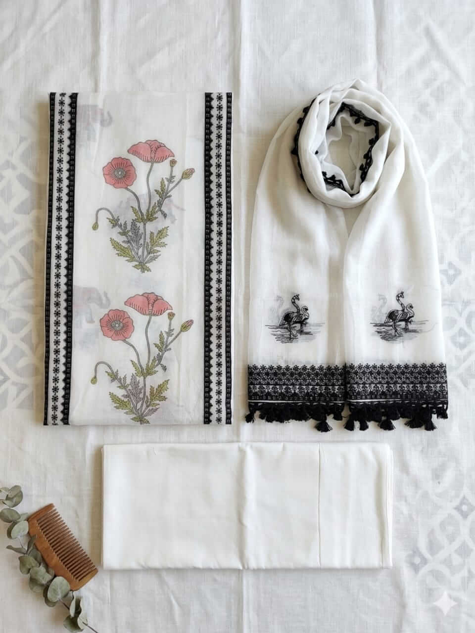 Mul Chanderi Dress Material- Black & White