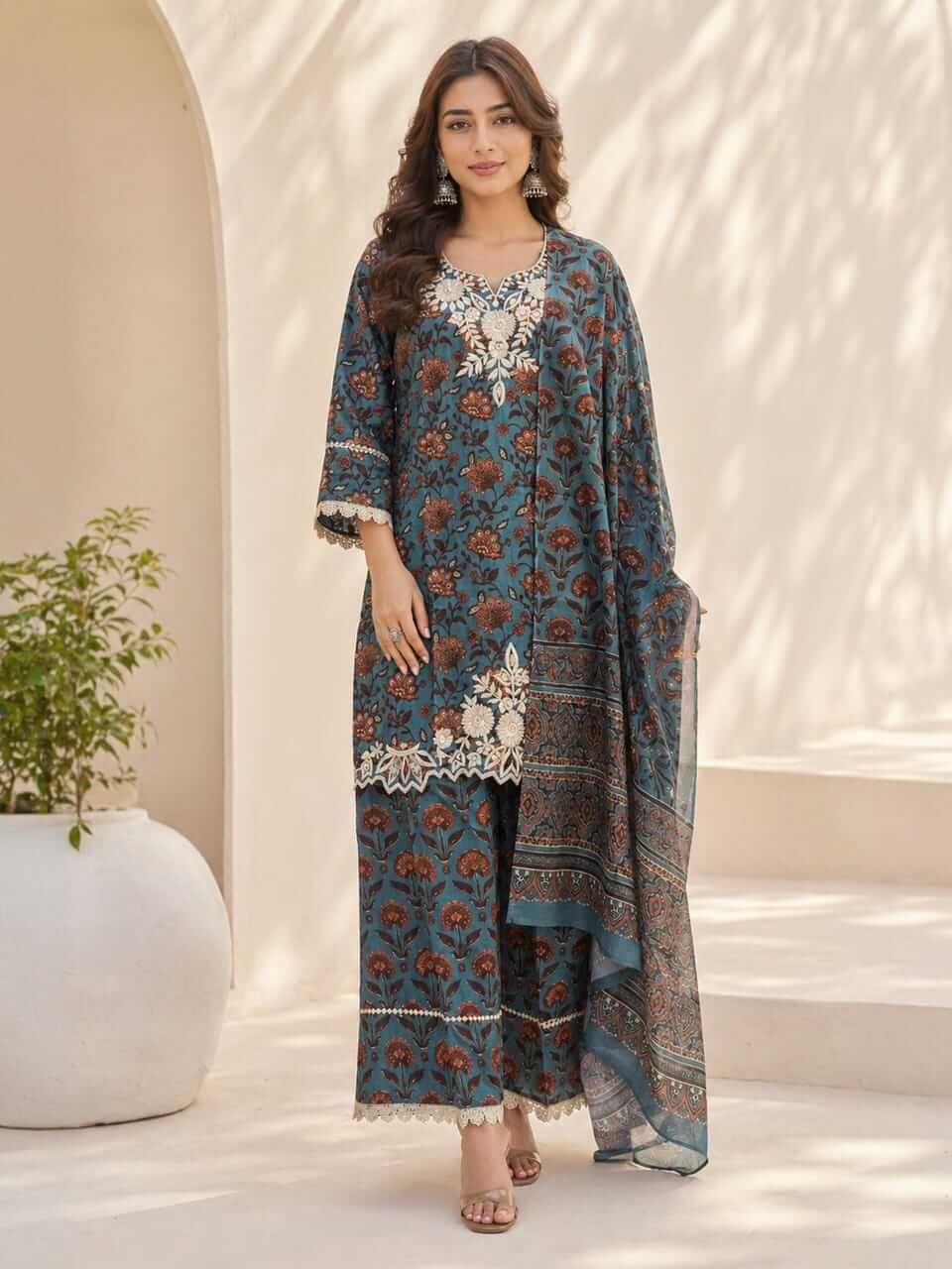 Cotton Farshi Pants Suit - Blue