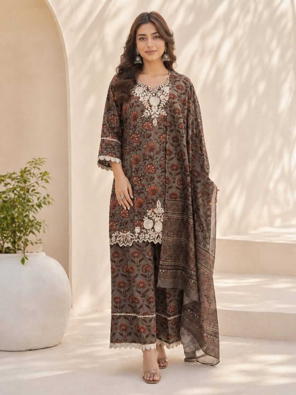 Cotton Kurta Set with Farshi Pants - Olive Grey