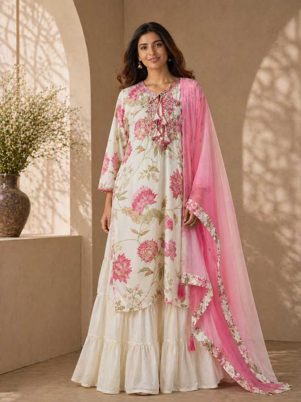 Muslin White & Pink Gown