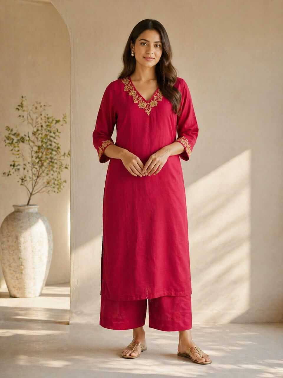 Flat Raw Silk Set - Red