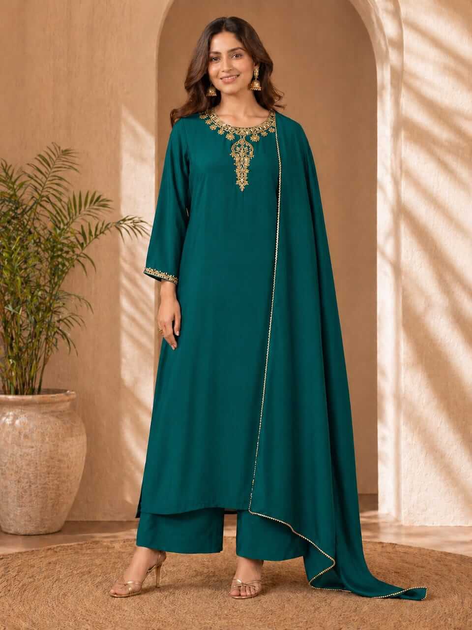 Flat Raw Silk Kurta Set - Bottle Green
